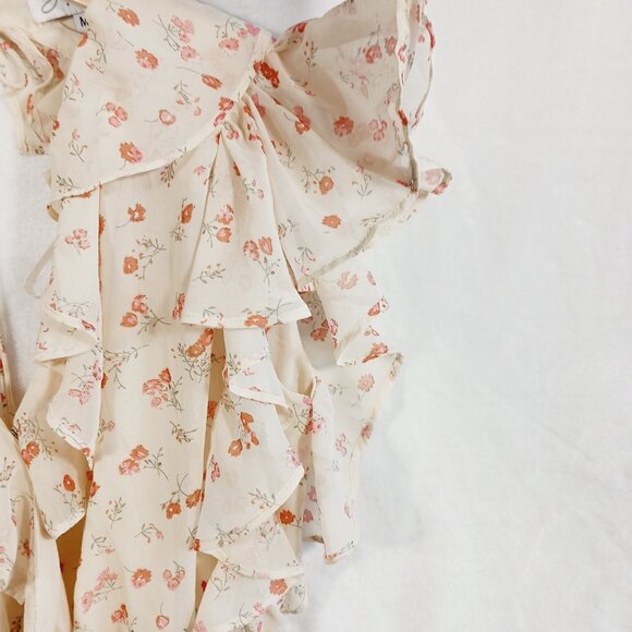 Sabo Skirt, Mini Dress, Ruffled, Open Back, Cream/Orange Floral, Size Medium - Picture 10 of 16